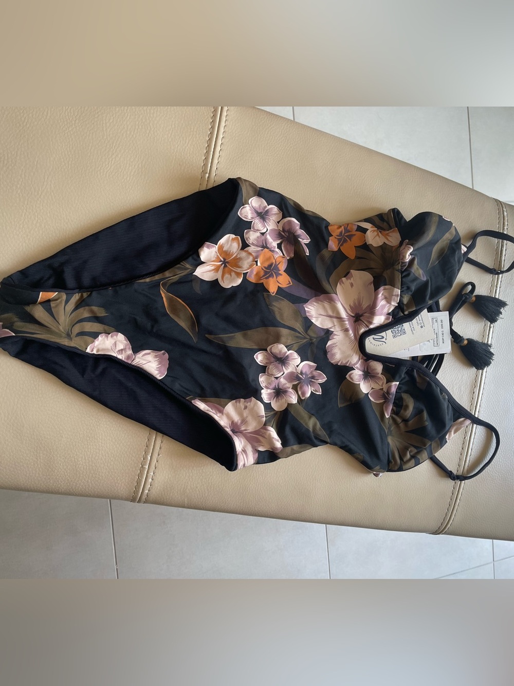 Maaji Black One-Piece reversible Swimsuit with Pink & Orange Floral Accents. New